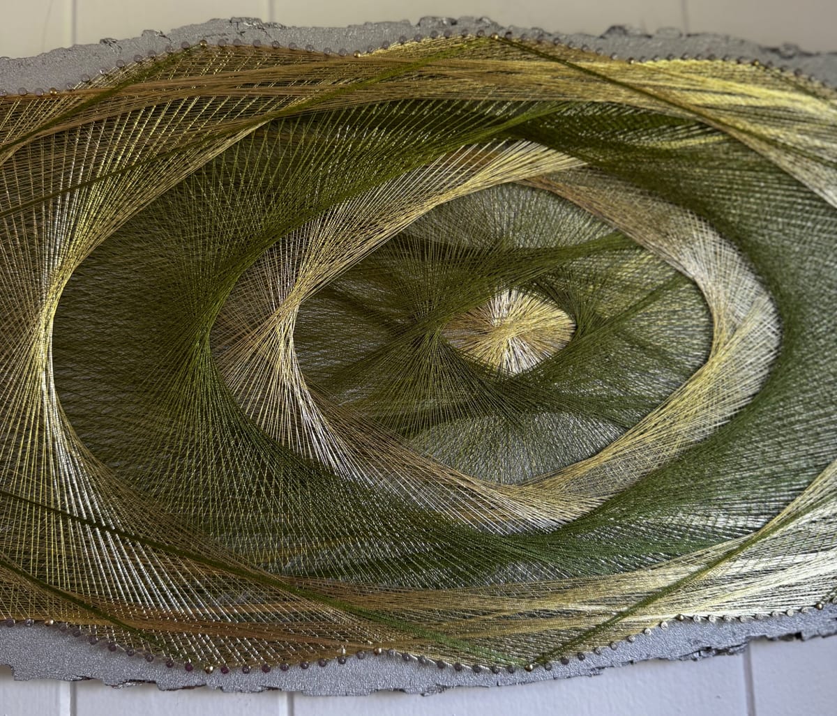 Green & Gold Geometric String Art - Handmade Live-Edge Wall Art, detail view 4 — handmade string art by Asja
