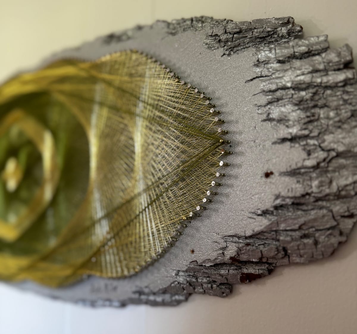 Green & Gold Geometric String Art - Handmade Live-Edge Wall Art, detail view 5 — handmade string art by Asja