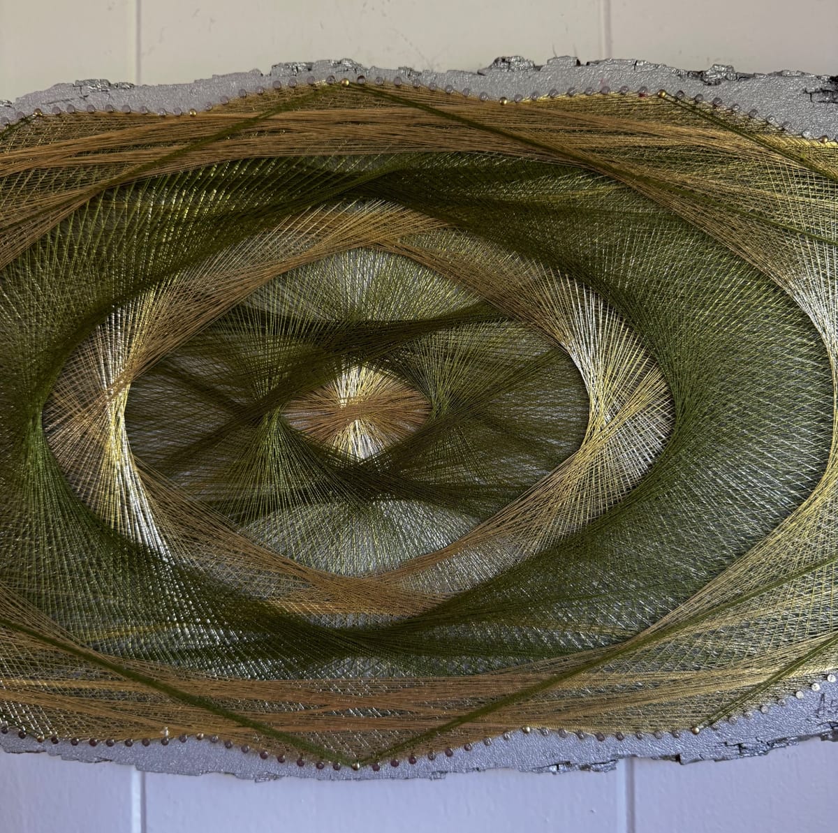 Green & Gold Geometric String Art - Handmade Live-Edge Wall Art, detail view 6 — handmade string art by Asja
