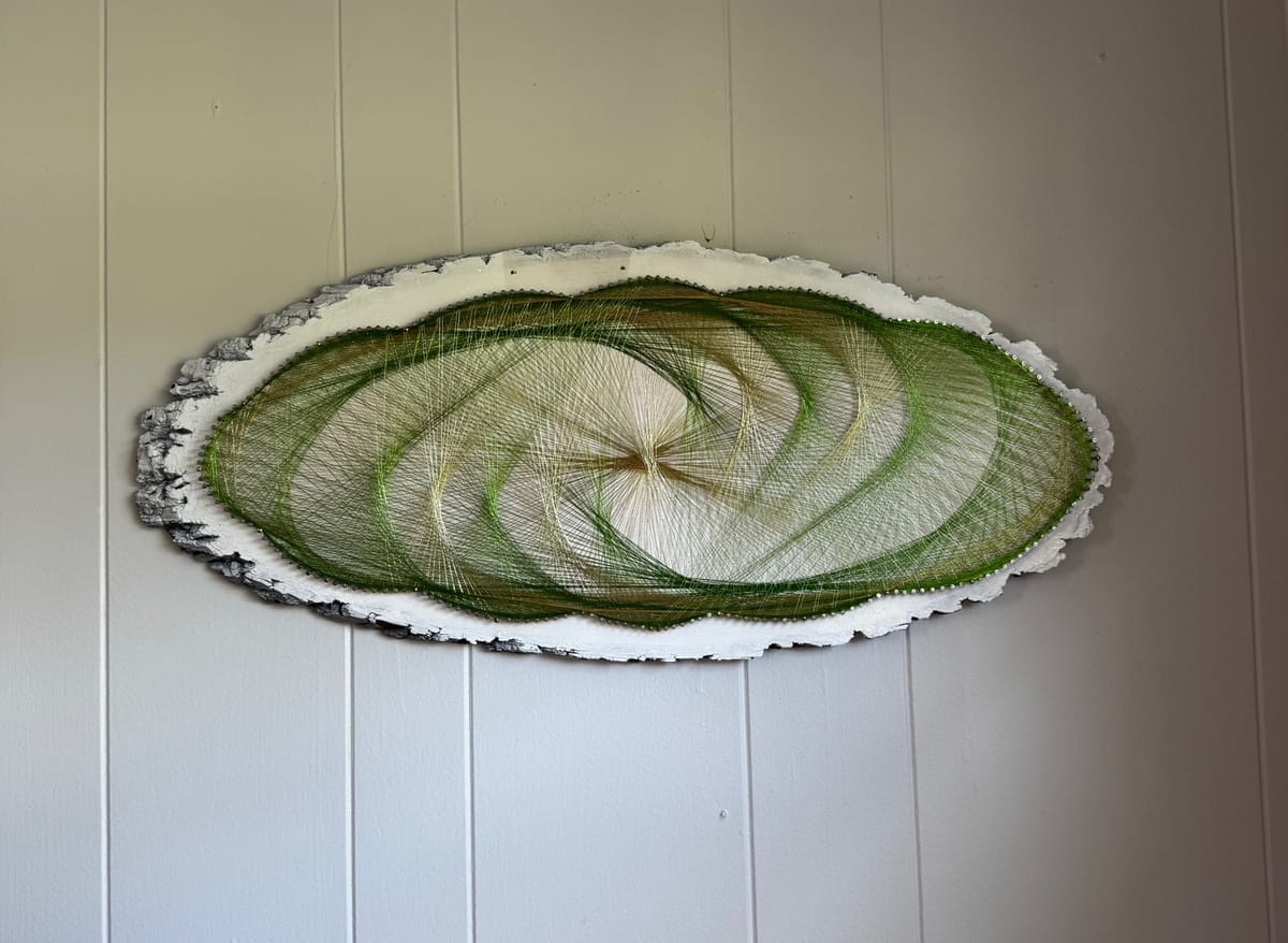 Green & Gold Flowing Spiral String Art - Handmade Live-Edge Wall Art, detail view 3 — handmade string art by Asja