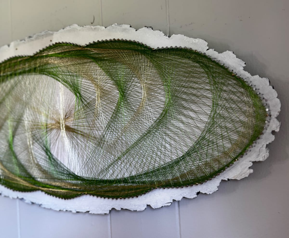 Green & Gold Flowing Spiral String Art - Handmade Live-Edge Wall Art, detail view 4 — handmade string art by Asja