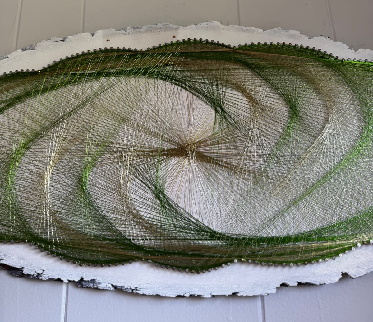Green & Gold Flowing Spiral String Art - Handmade Live-Edge Wall Art, detail view 5 — handmade string art by Asja