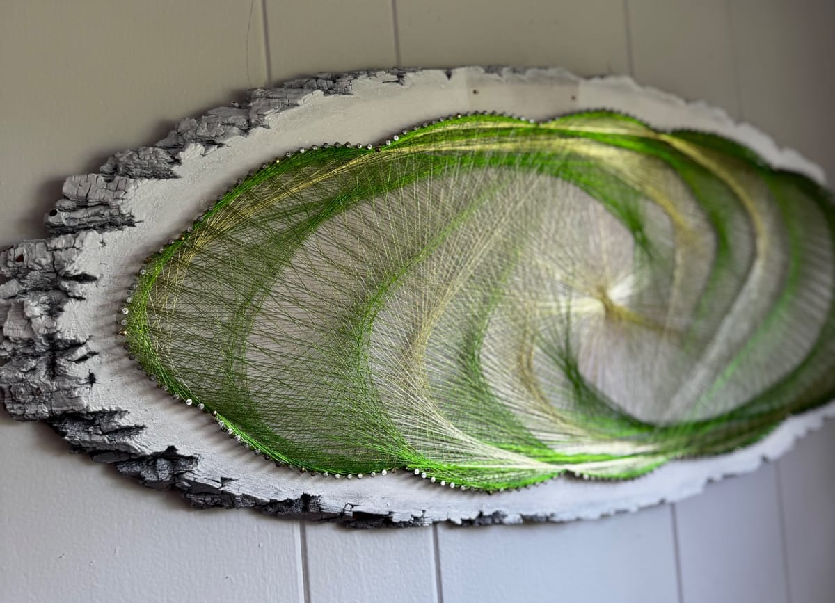Green & Gold Flowing Spiral String Art - Handmade Live-Edge Wall Art, detail view 6 — handmade string art by Asja