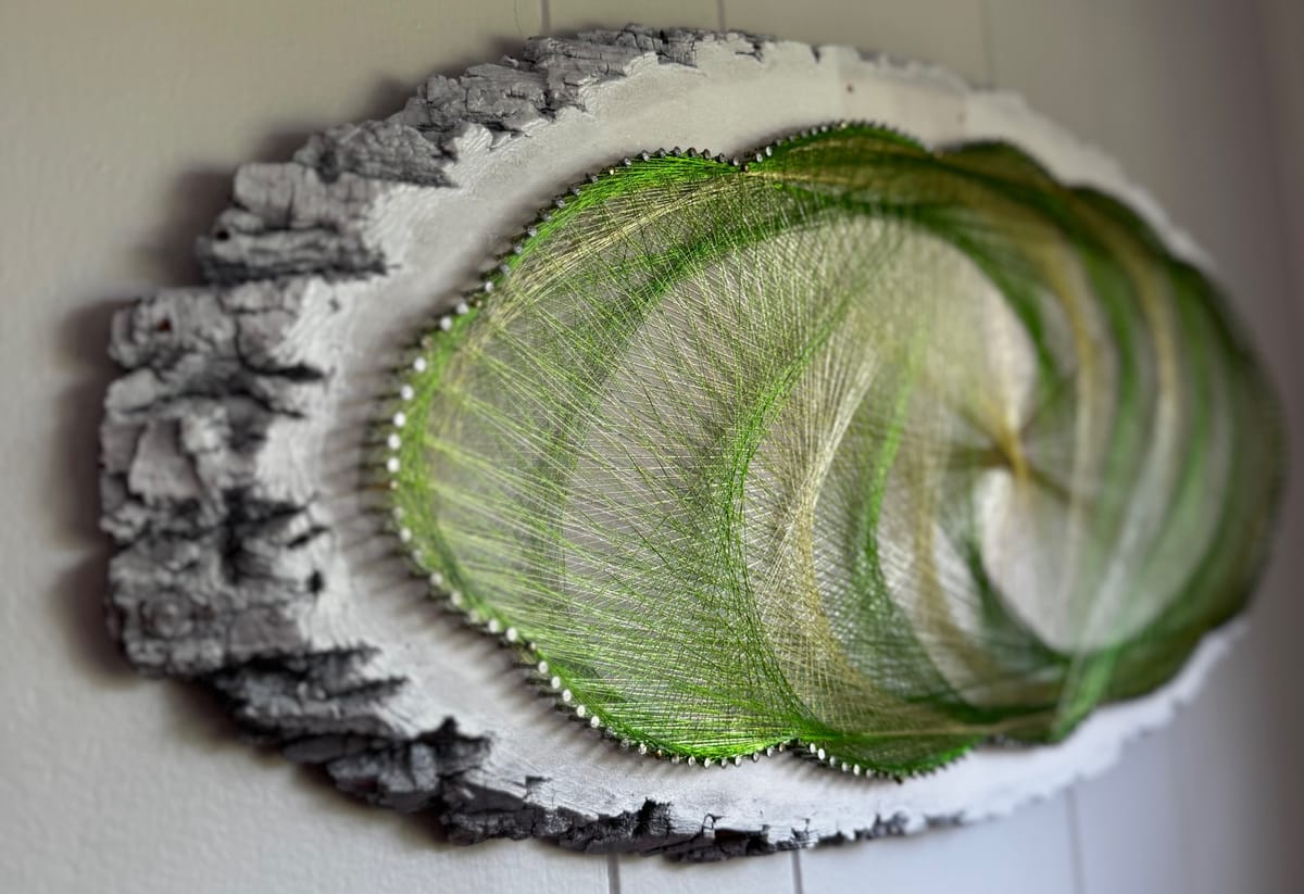 Green & Gold Flowing Spiral String Art - Handmade Live-Edge Wall Art, detail view 7 — handmade string art by Asja