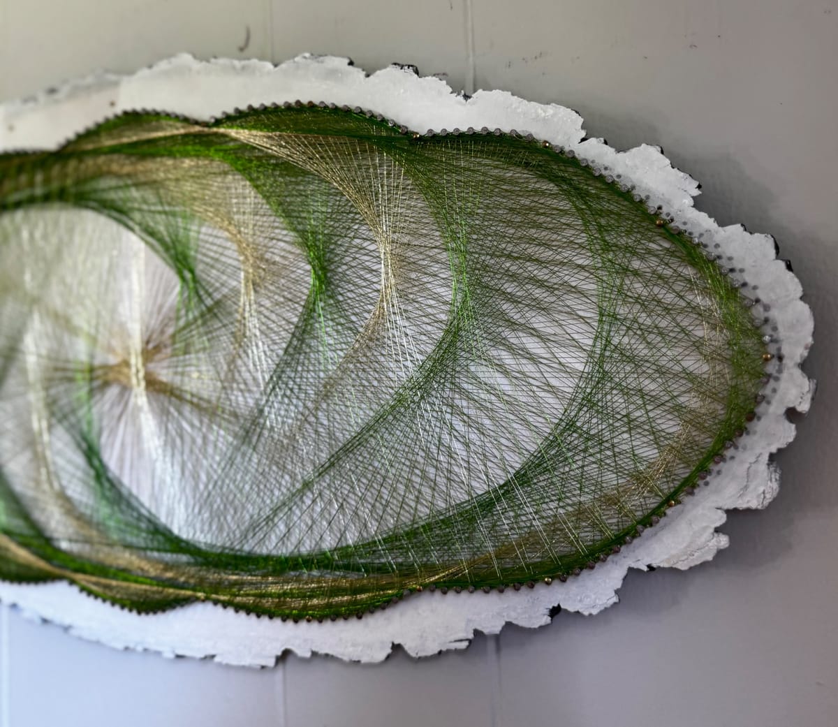 Green & Gold Flowing Spiral String Art - Handmade Live-Edge Wall Art, detail view 8 — handmade string art by Asja