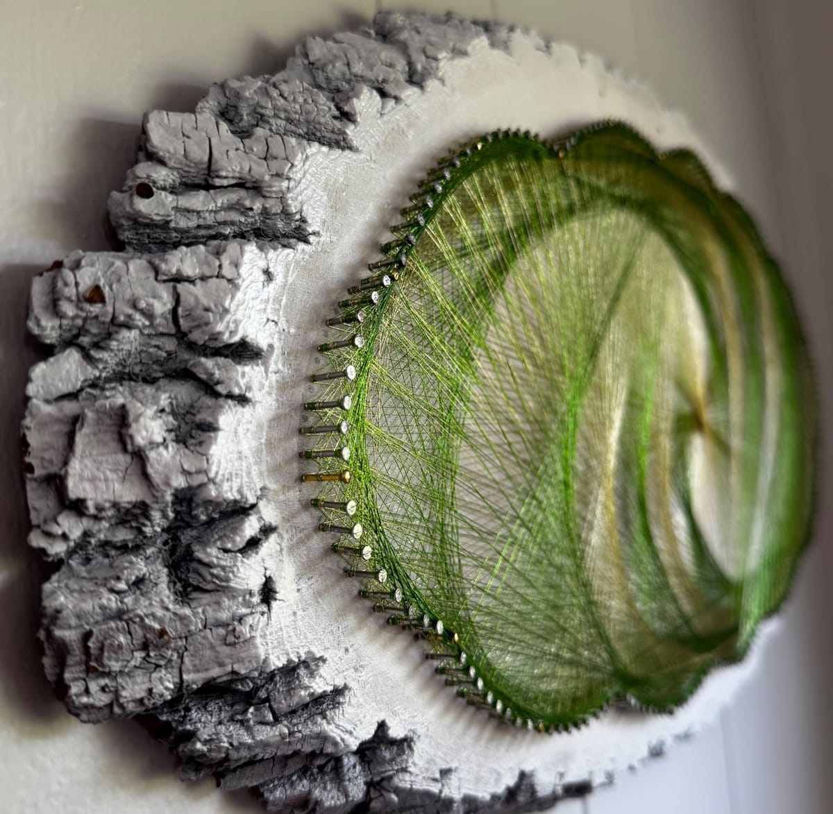 Green & Gold Flowing Spiral String Art - Handmade Live-Edge Wall Art, detail view 9 — handmade string art by Asja