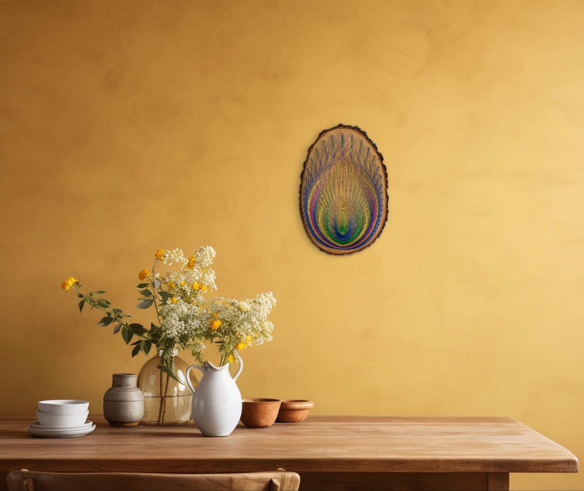 Jewel-Tone Feather Burst String Art - Layered Live-Edge Design — handmade string art by Asja