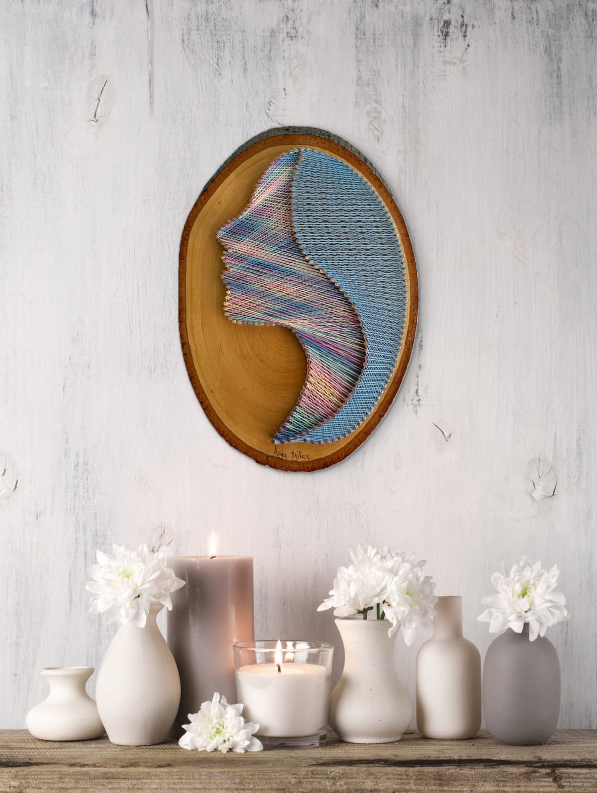 Woman Silhouette String Art - Handmade Live-Edge Wall Art, detail view 2 — handmade string art by Asja