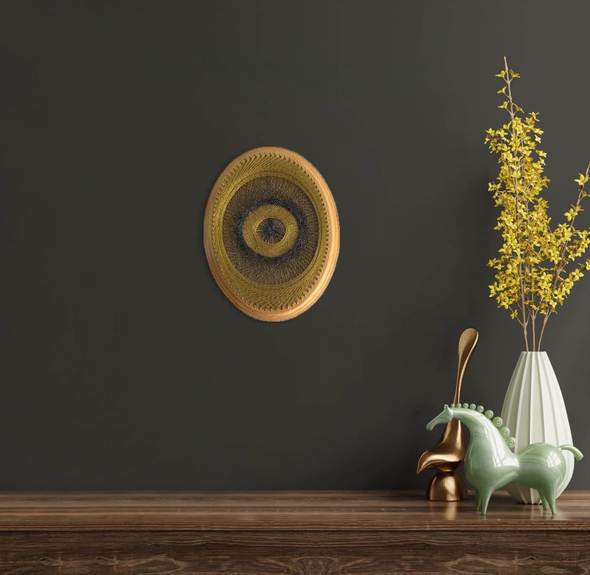 9” Gold & Charcoal Evil Eye String Art - Handmade 3D Dimensional Wall Art — handmade string art by Asja