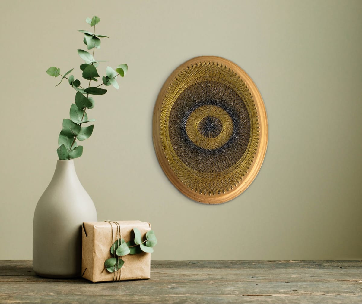 9” Gold & Charcoal Evil Eye String Art - Handmade 3D Dimensional Wall Art, detail view 2 — handmade string art by Asja
