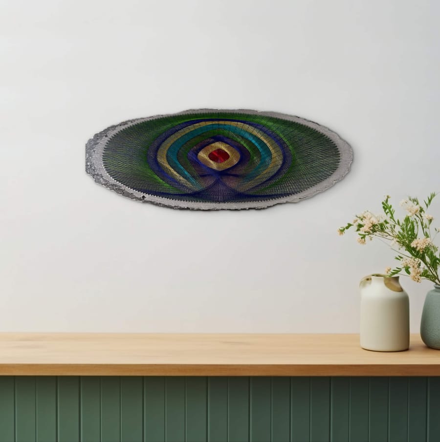 Jewel Tone Eye String Art on Live Edge Wood, Handmade Geometric Wall Art, Boho Statement Decor, One of a Kind Art — handmade string art by Asja