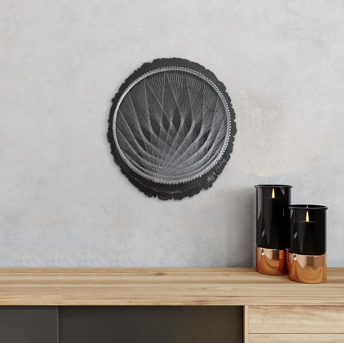 Silver Flame String Art - Black & Silver Live-Edge Wall Art — handmade string art by Asja