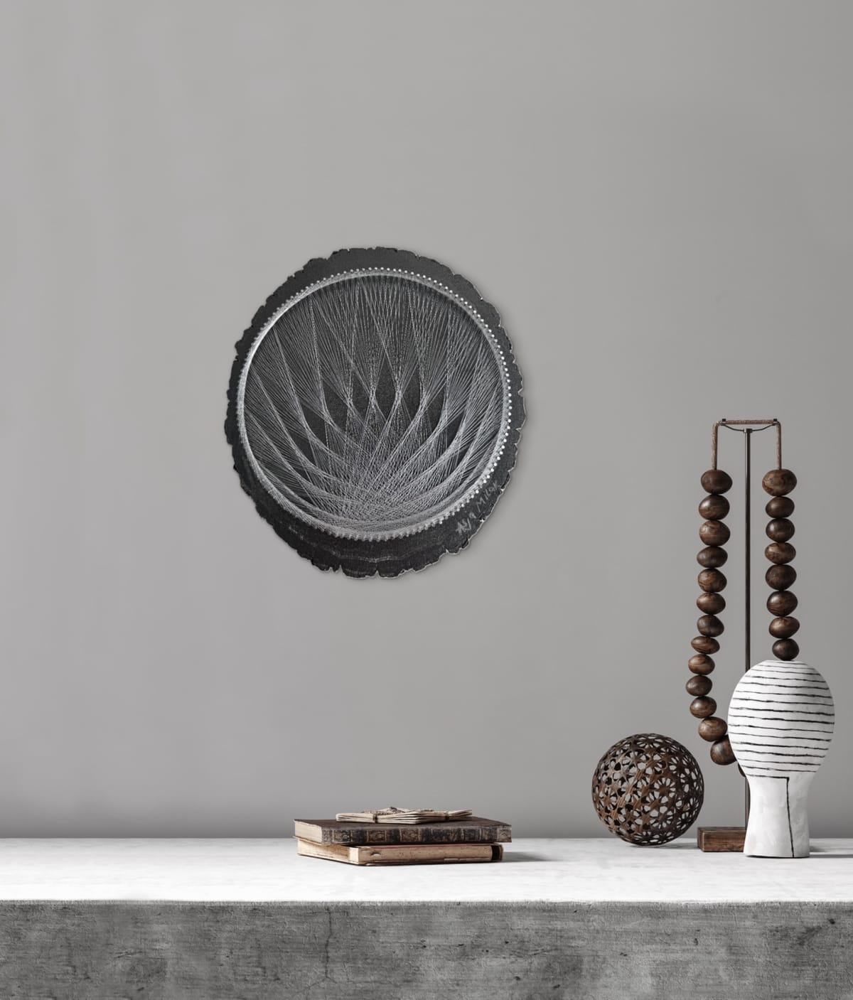 Silver Flame String Art - Black & Silver Live-Edge Wall Art, detail view 6 — handmade string art by Asja