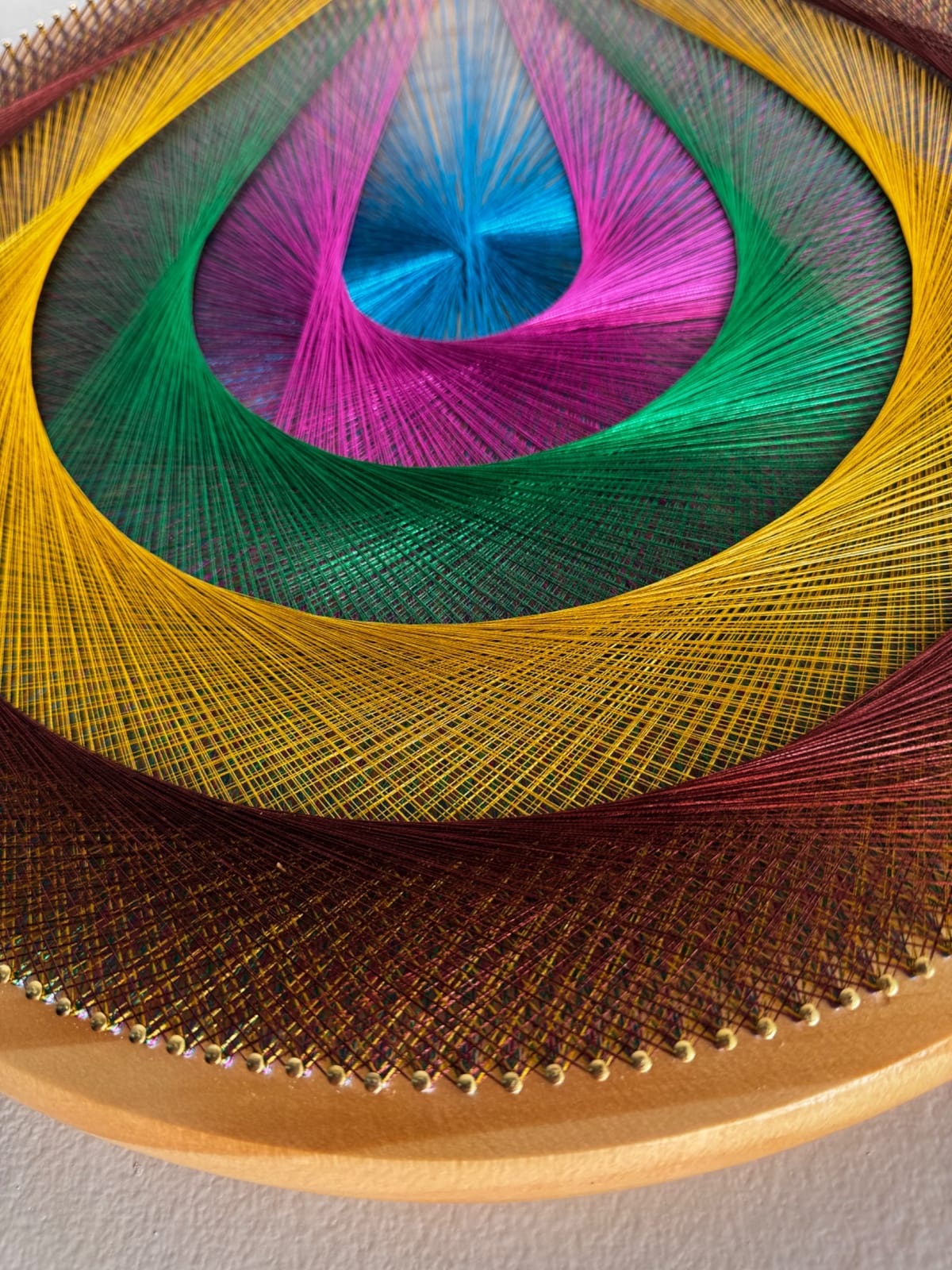 15” Jewel Tone String Art Mandala – Colorful Geometric Wood Wall Art, Handmade Boho Decor, detail view 4 — handmade string art by Asja