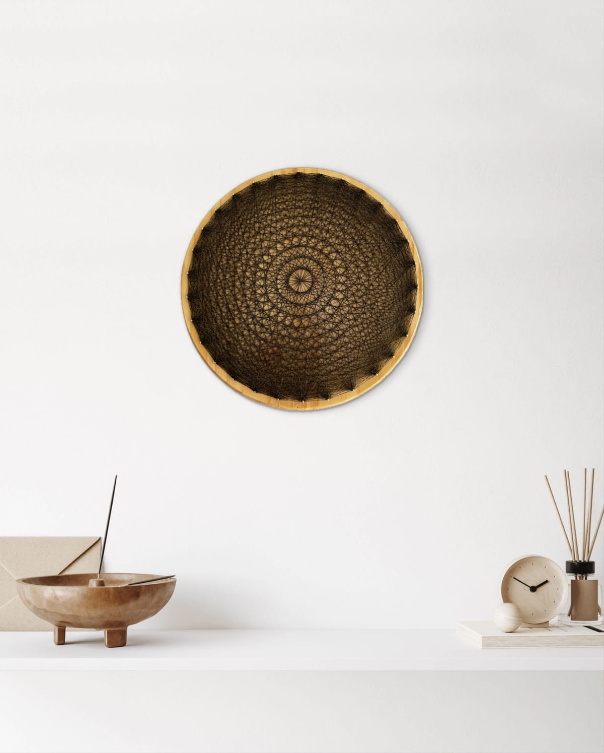 Black and Gold String Art Mandala – Geometric Wood Wall Art, Handmade Boho Decor, detail view 3 — handmade string art by Asja