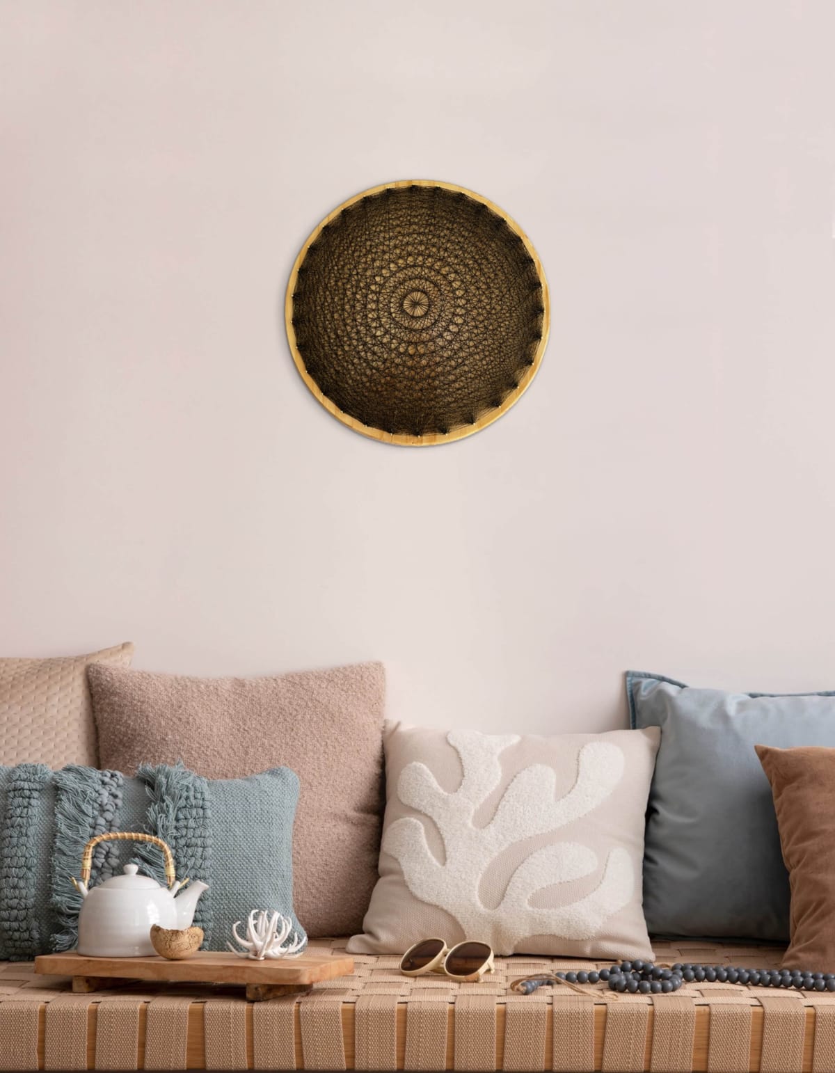 Black and Gold String Art Mandala – Geometric Wood Wall Art, Handmade Boho Decor, detail view 2 — handmade string art by Asja