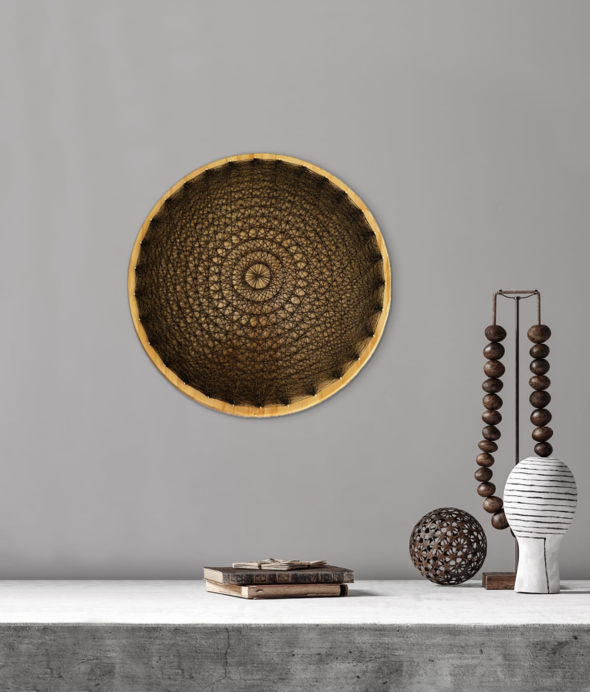 Black and Gold String Art Mandala – Geometric Wood Wall Art, Handmade Boho Decor — handmade string art by Asja