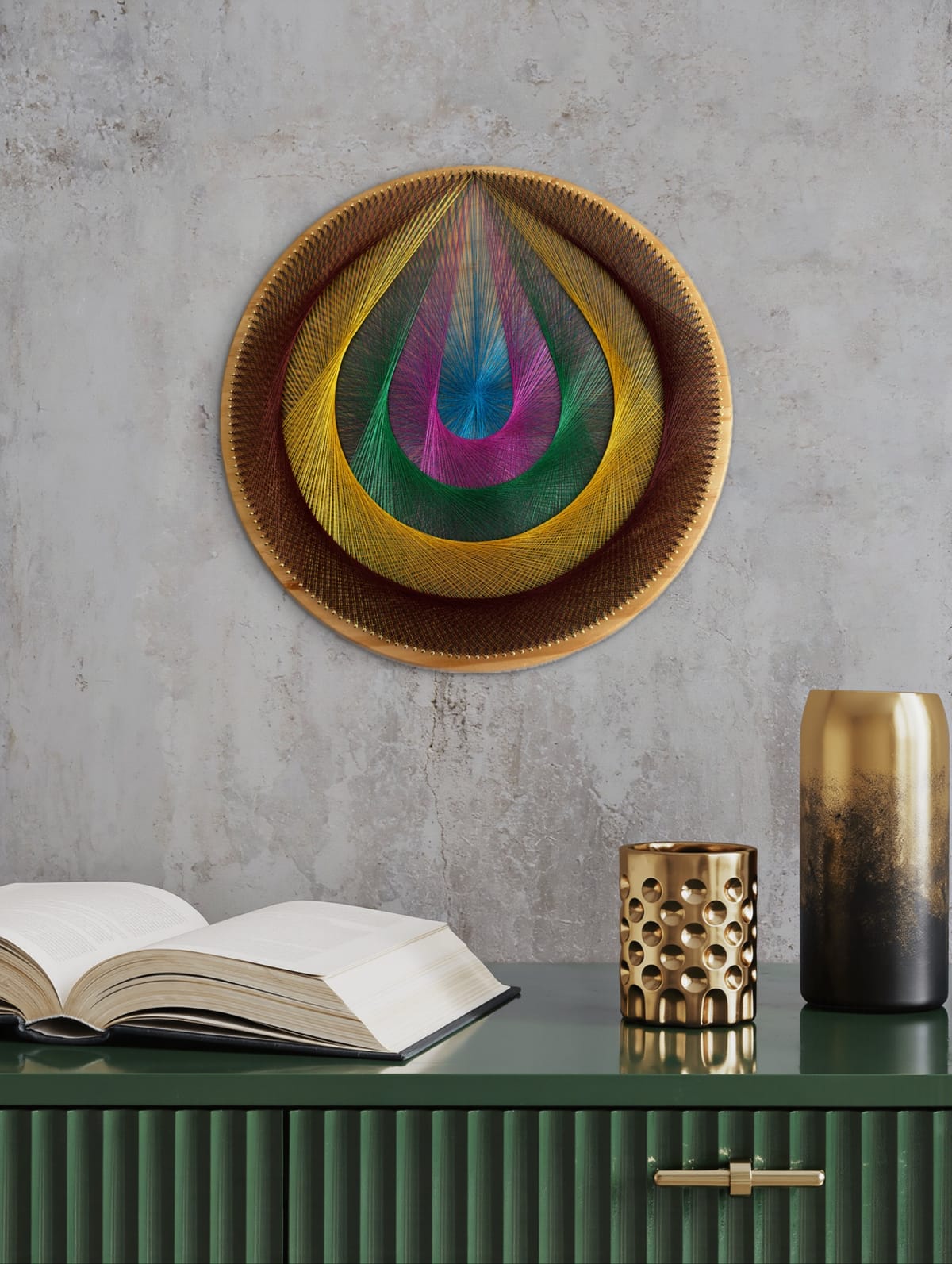 15” Jewel Tone String Art Mandala – Colorful Geometric Wood Wall Art, Handmade Boho Decor, detail view 2 — handmade string art by Asja