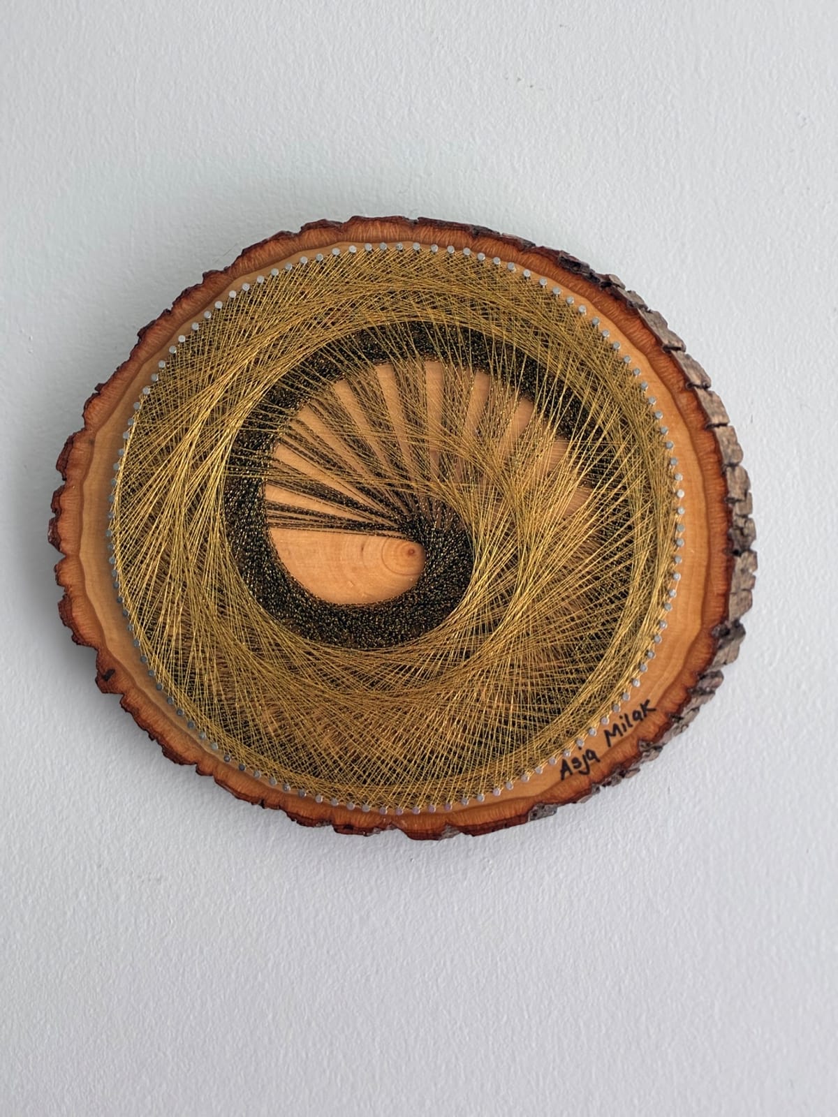 Golden Current — Black & Gold Live-Edge String Art, detail view 2 — handmade string art by Asja