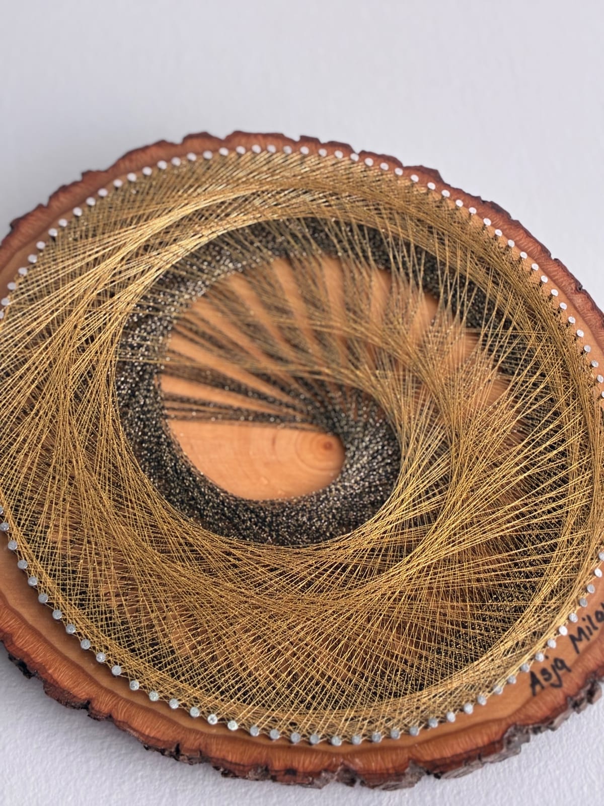 Golden Current — Black & Gold Live-Edge String Art, detail view 5 — handmade string art by Asja