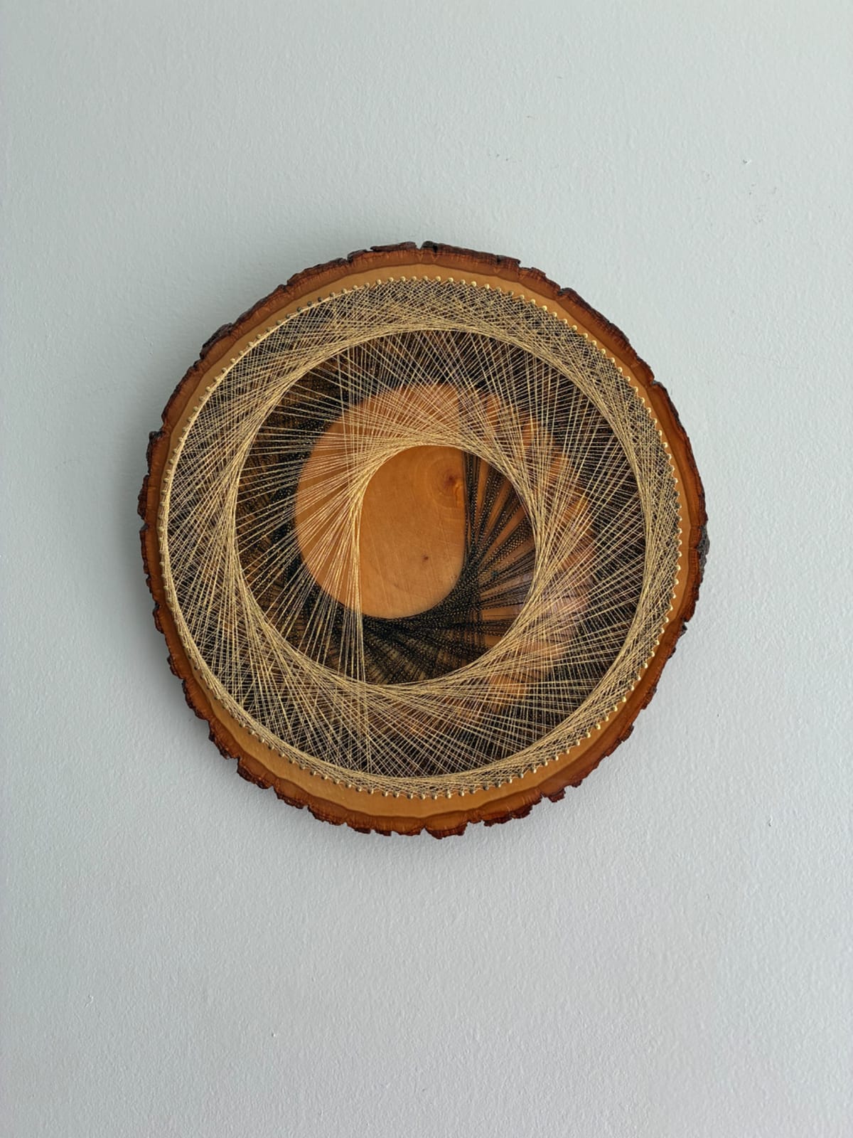 Gilded Eclipse — Black & Gold Live-Edge String Art, detail view 2 — handmade string art by Asja