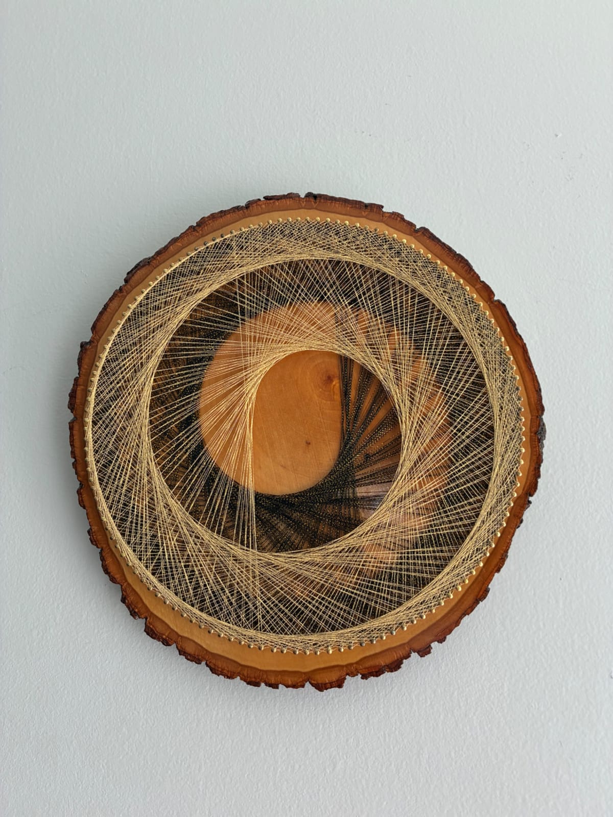 Gilded Eclipse — Black & Gold Live-Edge String Art, detail view 3 — handmade string art by Asja
