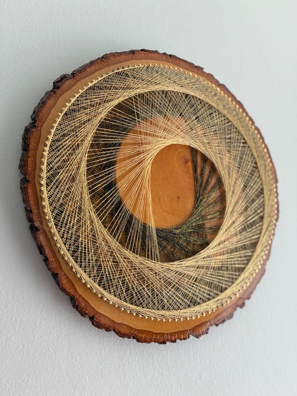 Gilded Eclipse — Black & Gold Live-Edge String Art, detail view 4 — handmade string art by Asja