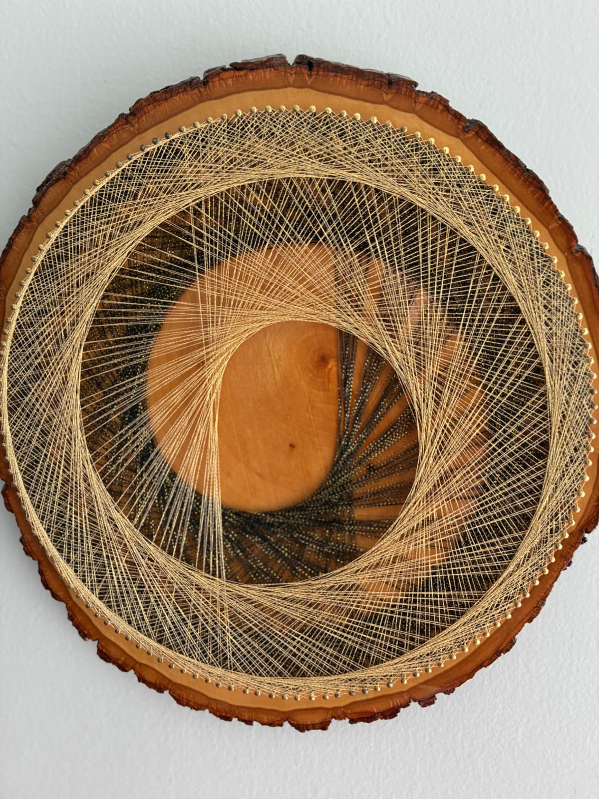 Gilded Eclipse — Black & Gold Live-Edge String Art, detail view 5 — handmade string art by Asja
