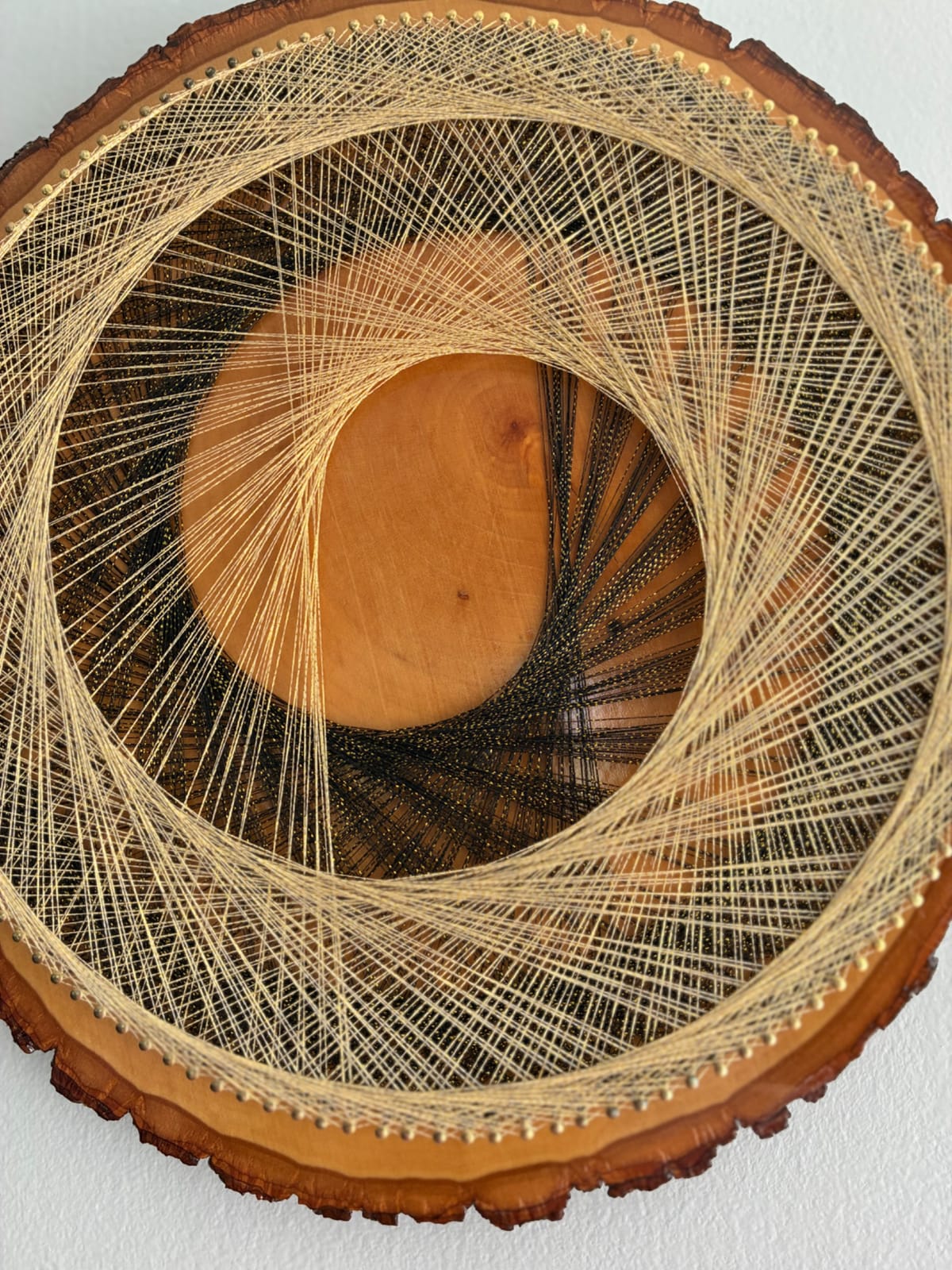 Gilded Eclipse — Black & Gold Live-Edge String Art, detail view 7 — handmade string art by Asja