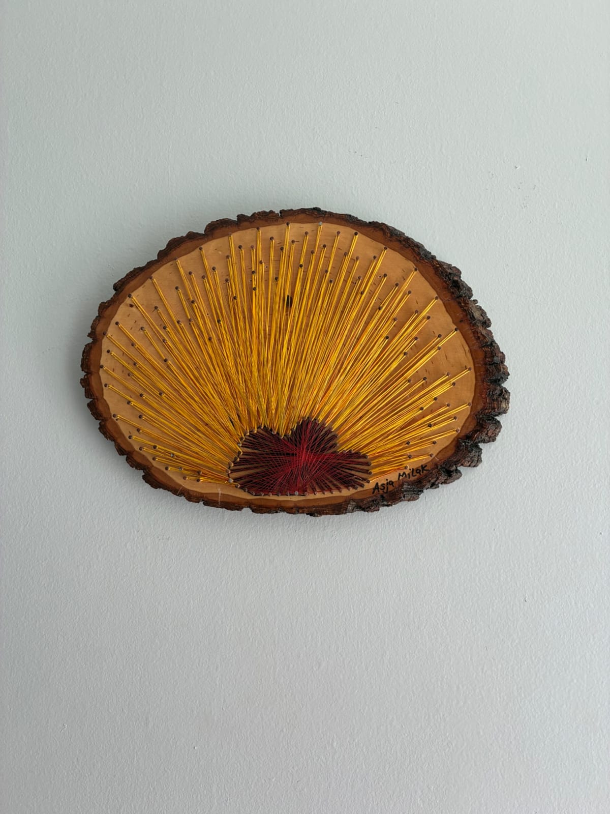 Gold & Burgundy String Art - Handmade Live-Edge Wall Art, detail view 2 — handmade string art by Asja
