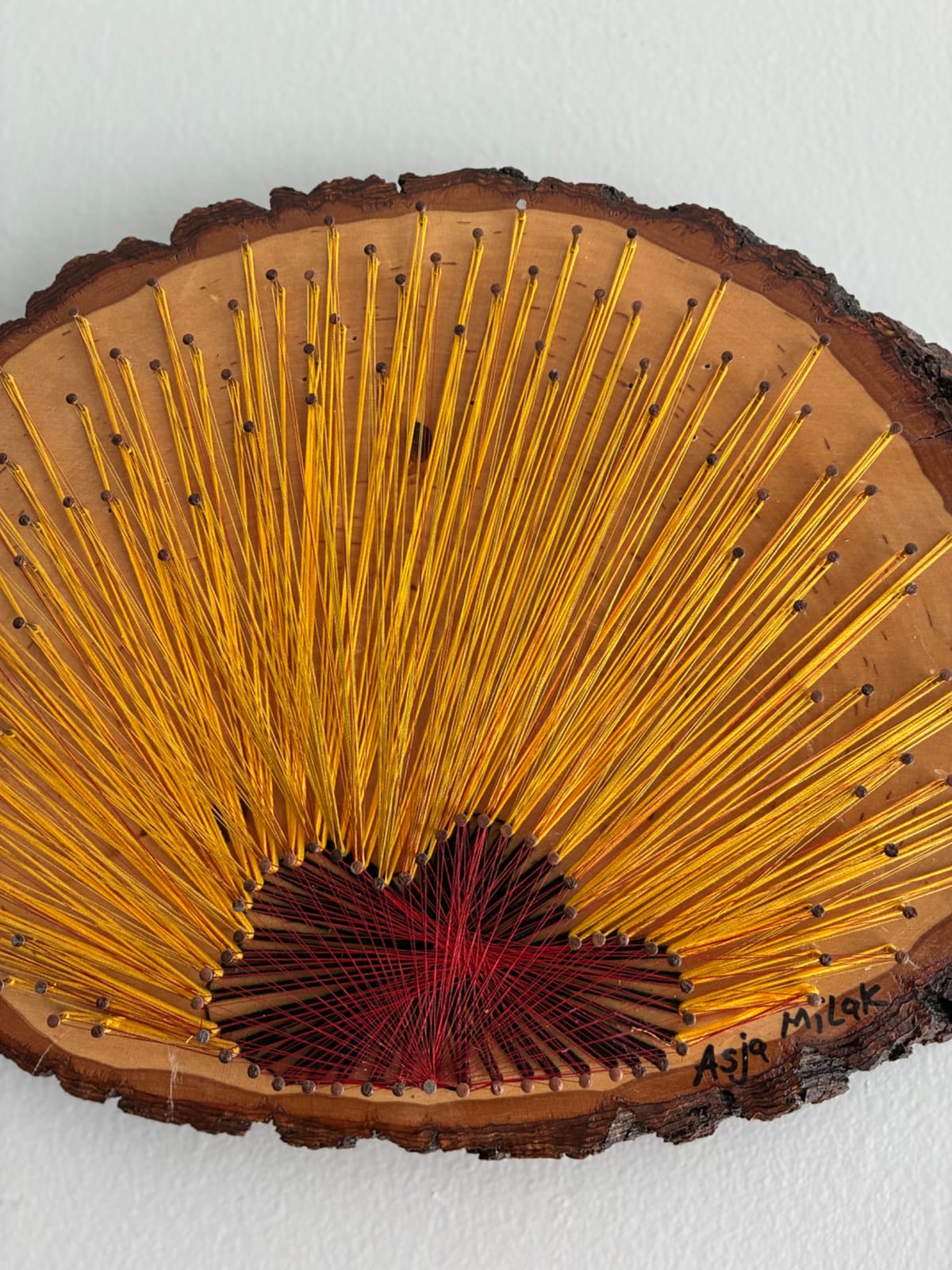 Gold & Burgundy String Art - Handmade Live-Edge Wall Art, detail view 4 — handmade string art by Asja
