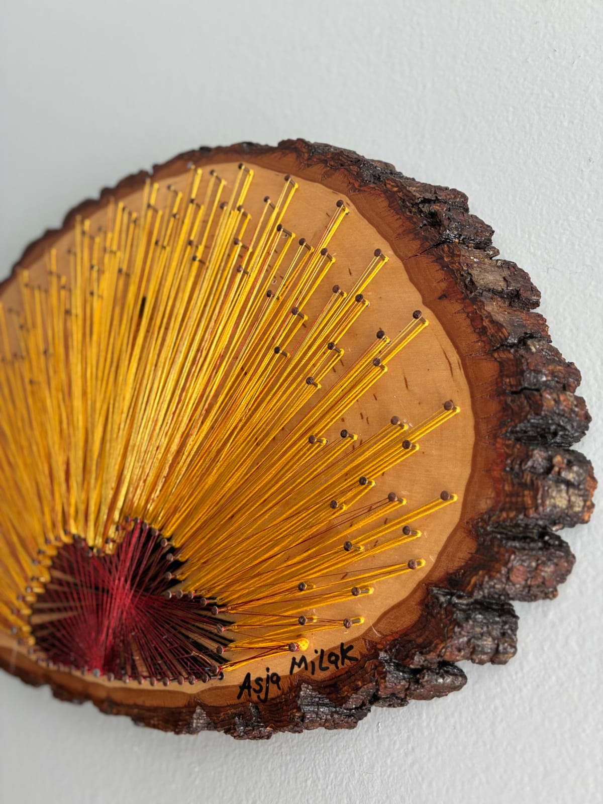 Gold & Burgundy String Art - Handmade Live-Edge Wall Art, detail view 5 — handmade string art by Asja