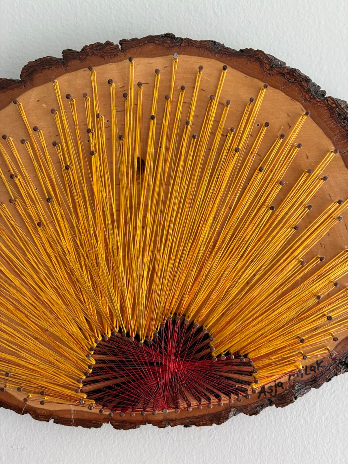 Gold & Burgundy String Art - Handmade Live-Edge Wall Art, detail view 6 — handmade string art by Asja