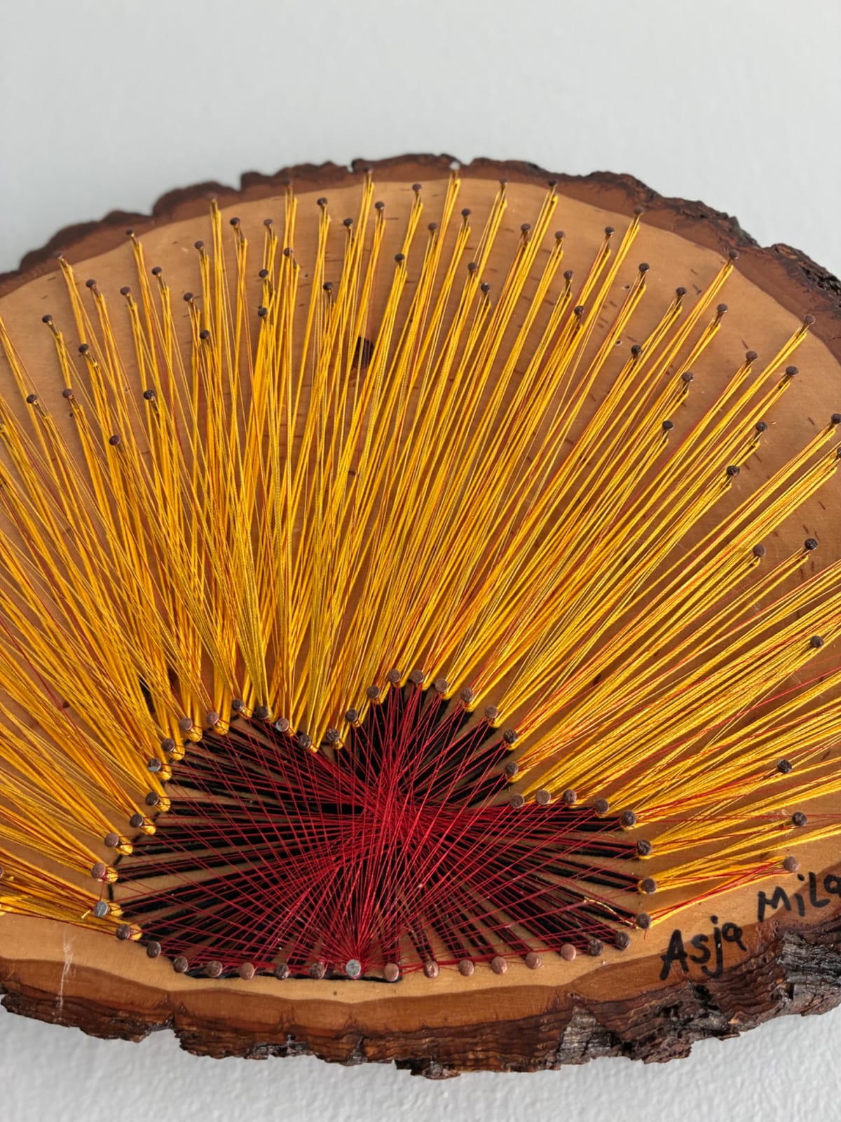 Gold & Burgundy String Art - Handmade Live-Edge Wall Art, detail view 8 — handmade string art by Asja