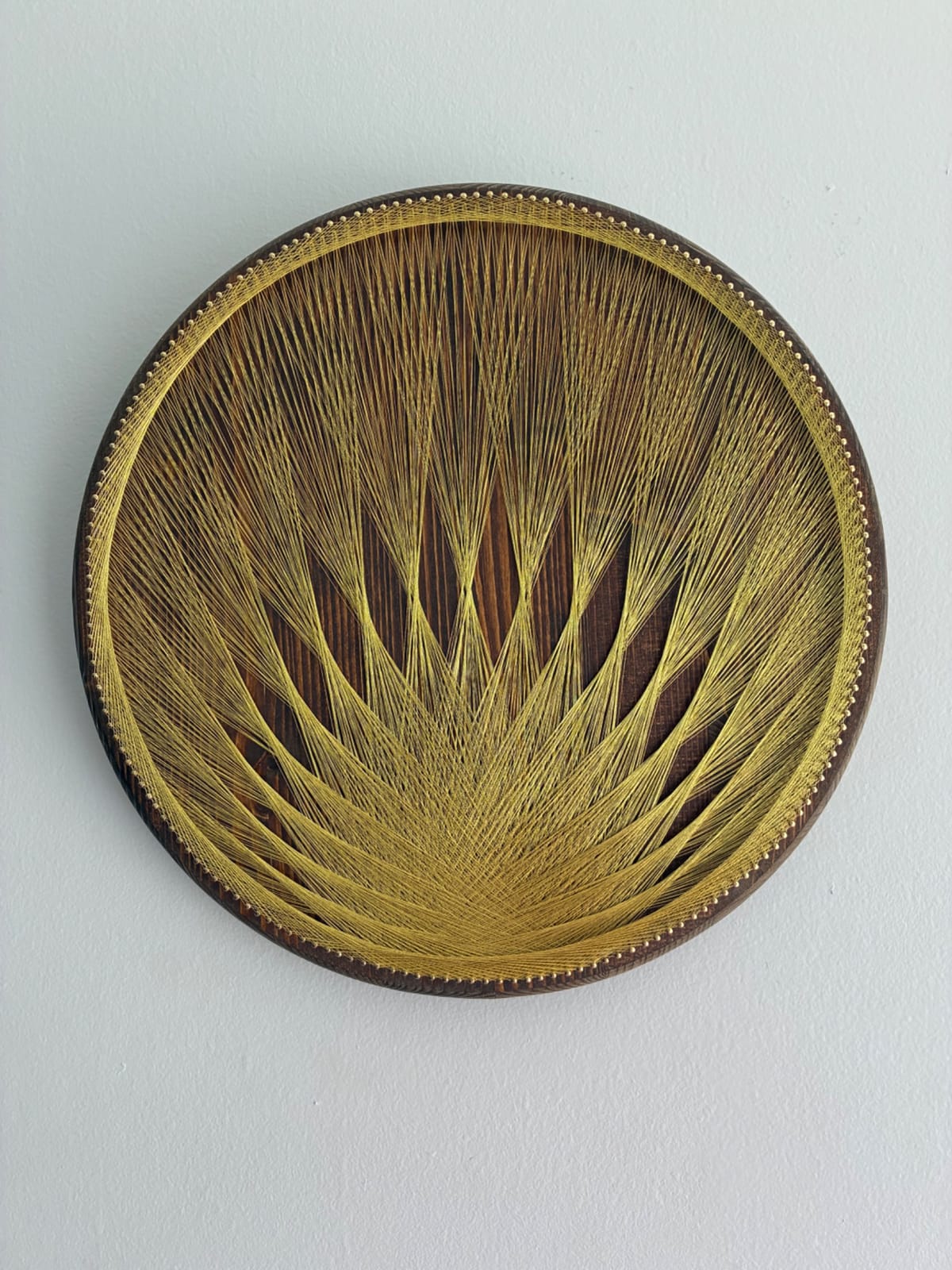 Gold String Art on Dark Wood - Handmade Geometric Wall Art, detail view 2 — handmade string art by Asja