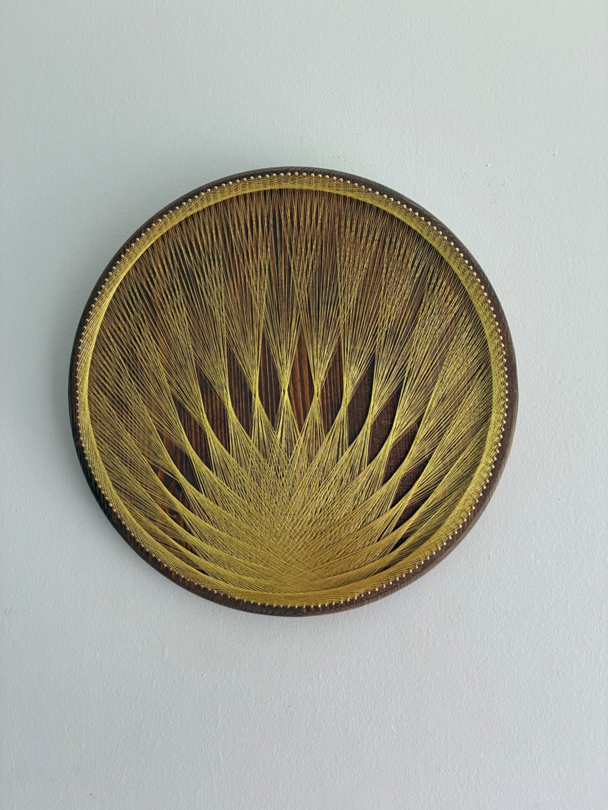 Gold String Art on Dark Wood - Handmade Geometric Wall Art, detail view 3 — handmade string art by Asja