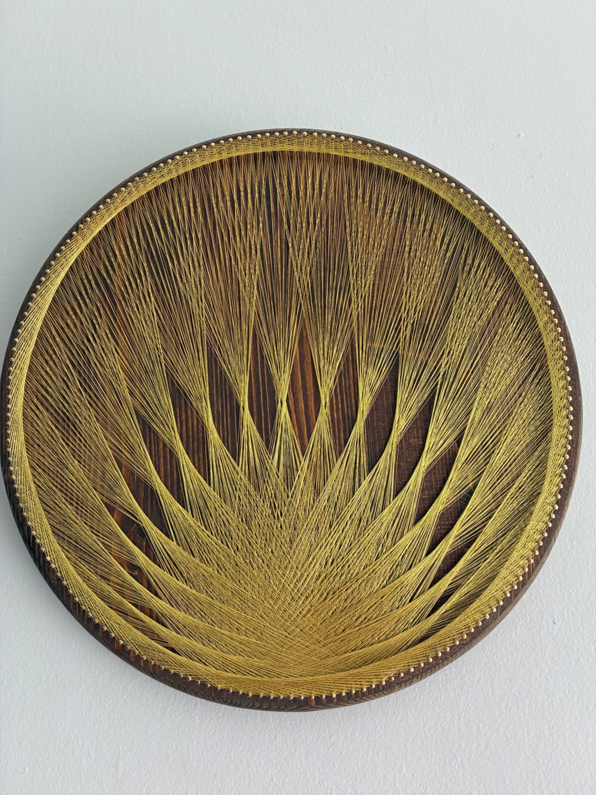 Gold String Art on Dark Wood - Handmade Geometric Wall Art, detail view 4 — handmade string art by Asja