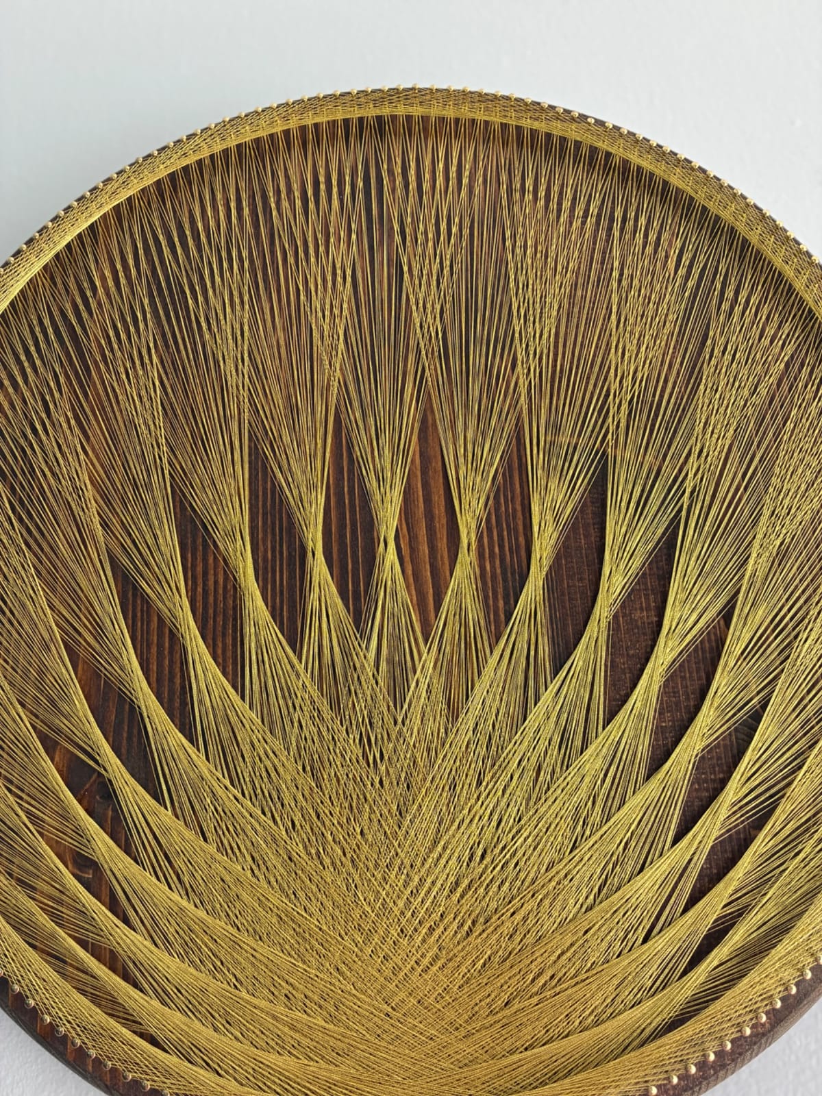 Gold String Art on Dark Wood - Handmade Geometric Wall Art, detail view 5 — handmade string art by Asja