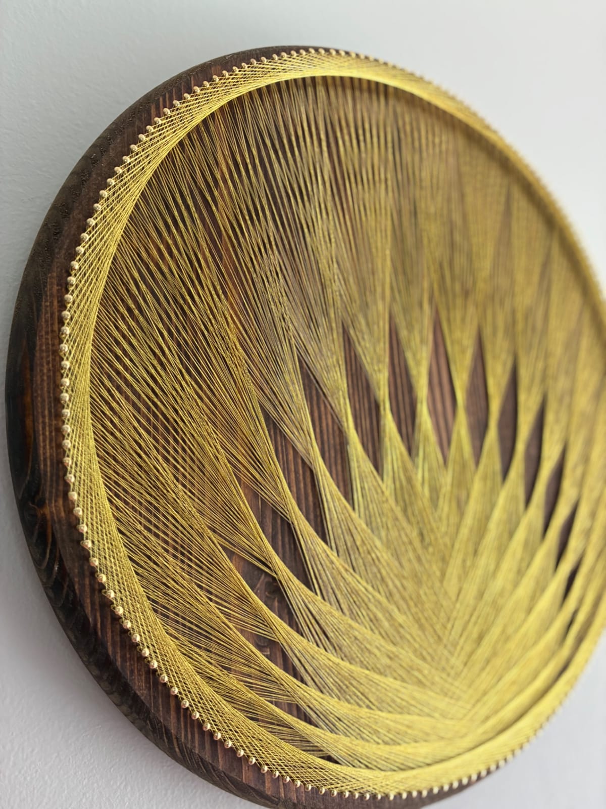 Gold String Art on Dark Wood - Handmade Geometric Wall Art, detail view 6 — handmade string art by Asja