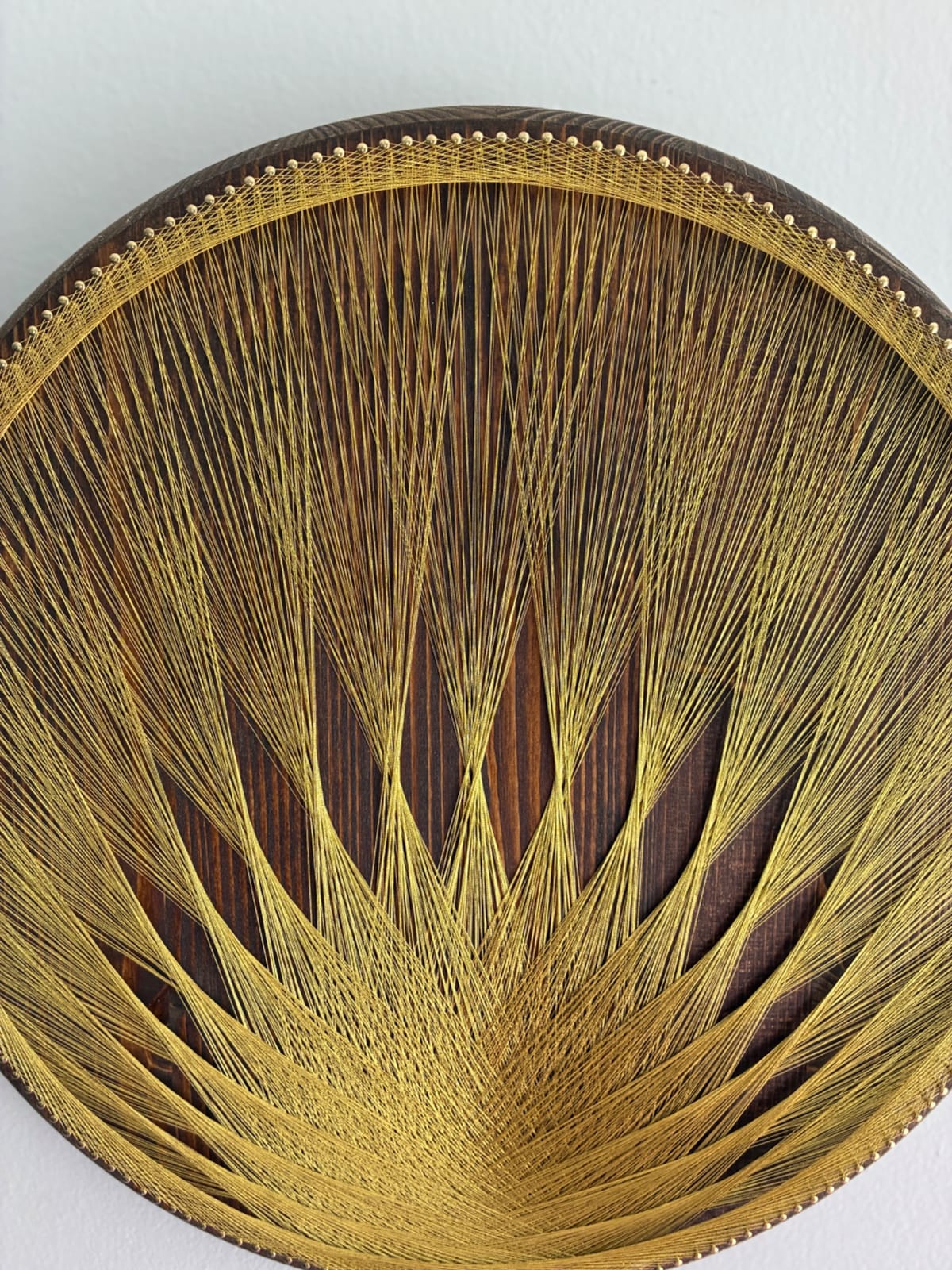 Gold String Art on Dark Wood - Handmade Geometric Wall Art, detail view 7 — handmade string art by Asja