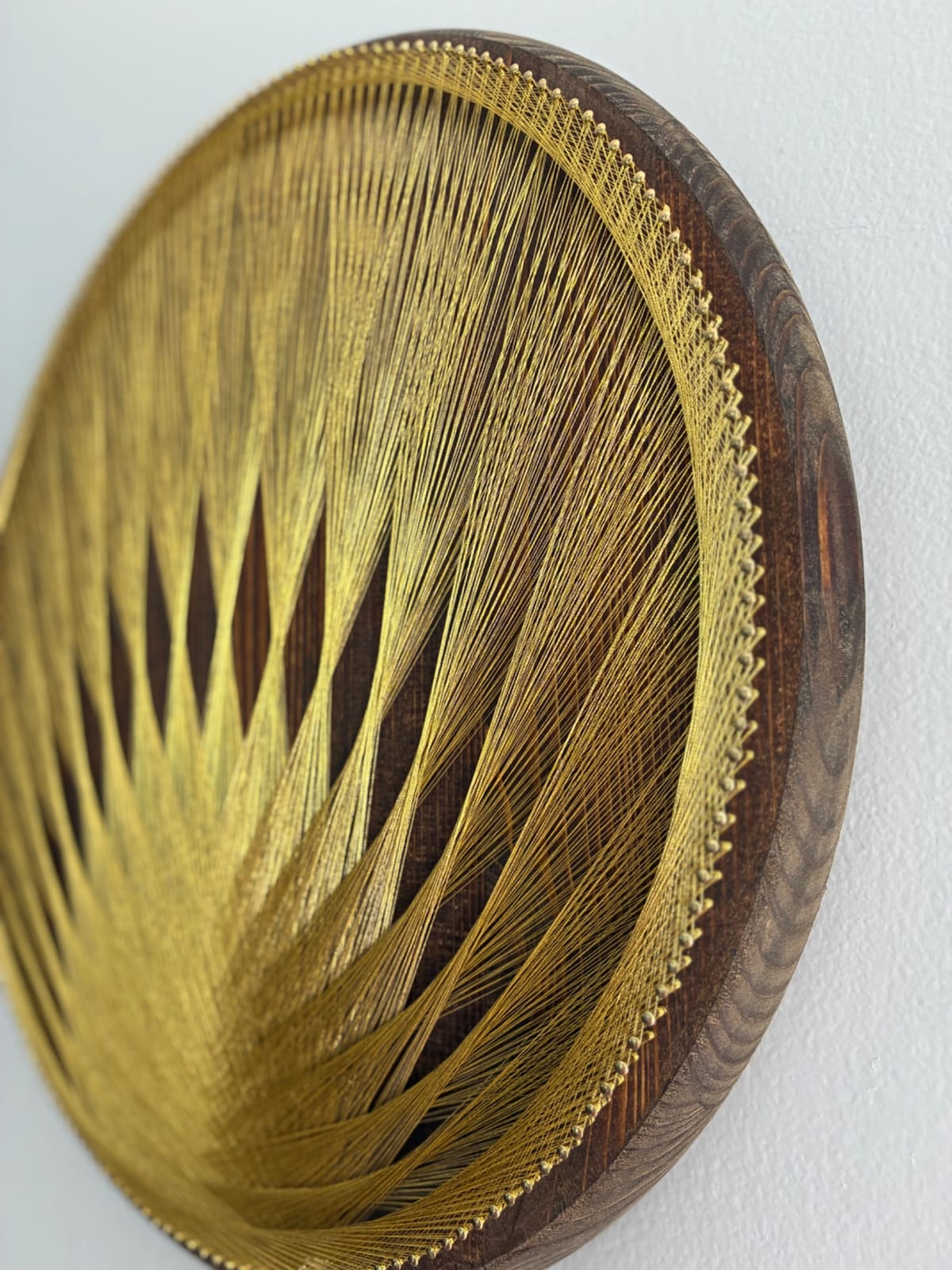Gold String Art on Dark Wood - Handmade Geometric Wall Art, detail view 8 — handmade string art by Asja