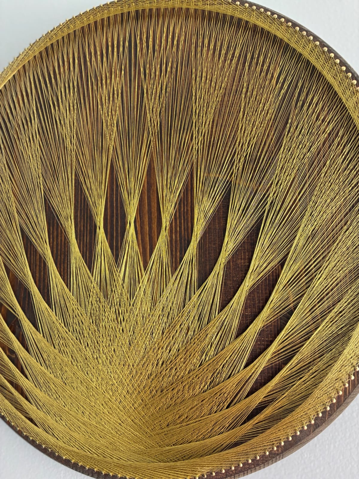 Gold String Art on Dark Wood - Handmade Geometric Wall Art, detail view 9 — handmade string art by Asja