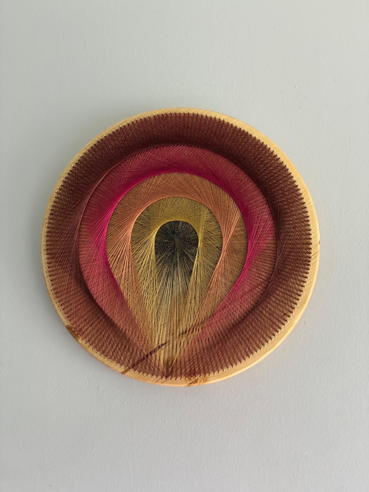 Red Gold Teardrop Spiral String Art on Natural Wood – Handmade Earthy Geometric Wall Art, detail view 2 — handmade string art by Asja