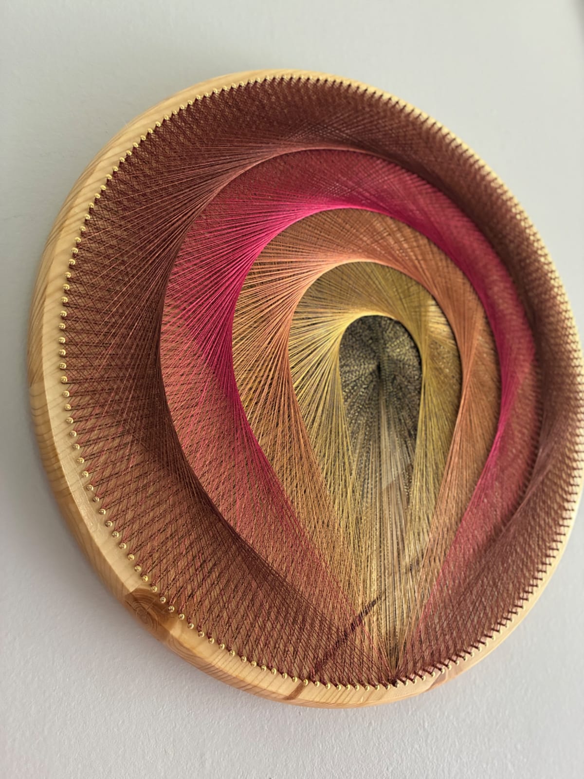 Red Gold Teardrop Spiral String Art on Natural Wood – Handmade Earthy Geometric Wall Art, detail view 3 — handmade string art by Asja