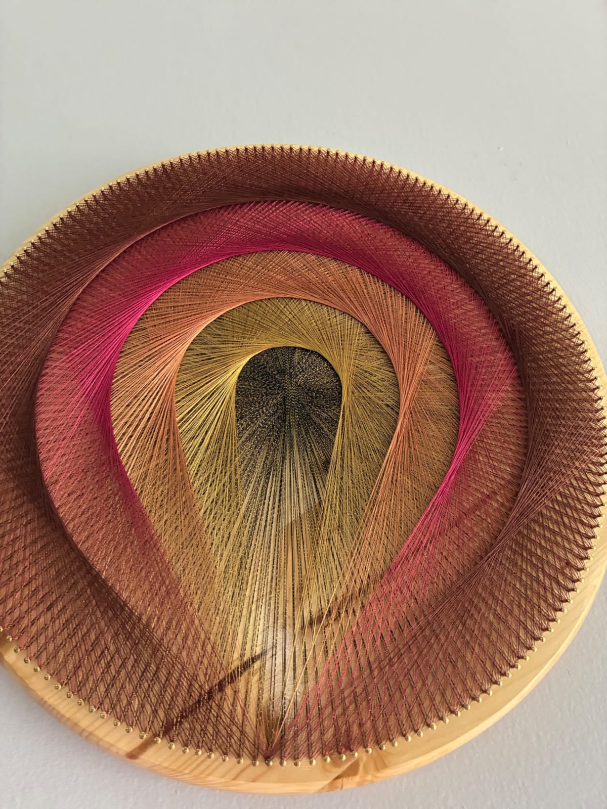 Red Gold Teardrop Spiral String Art on Natural Wood – Handmade Earthy Geometric Wall Art, detail view 4 — handmade string art by Asja