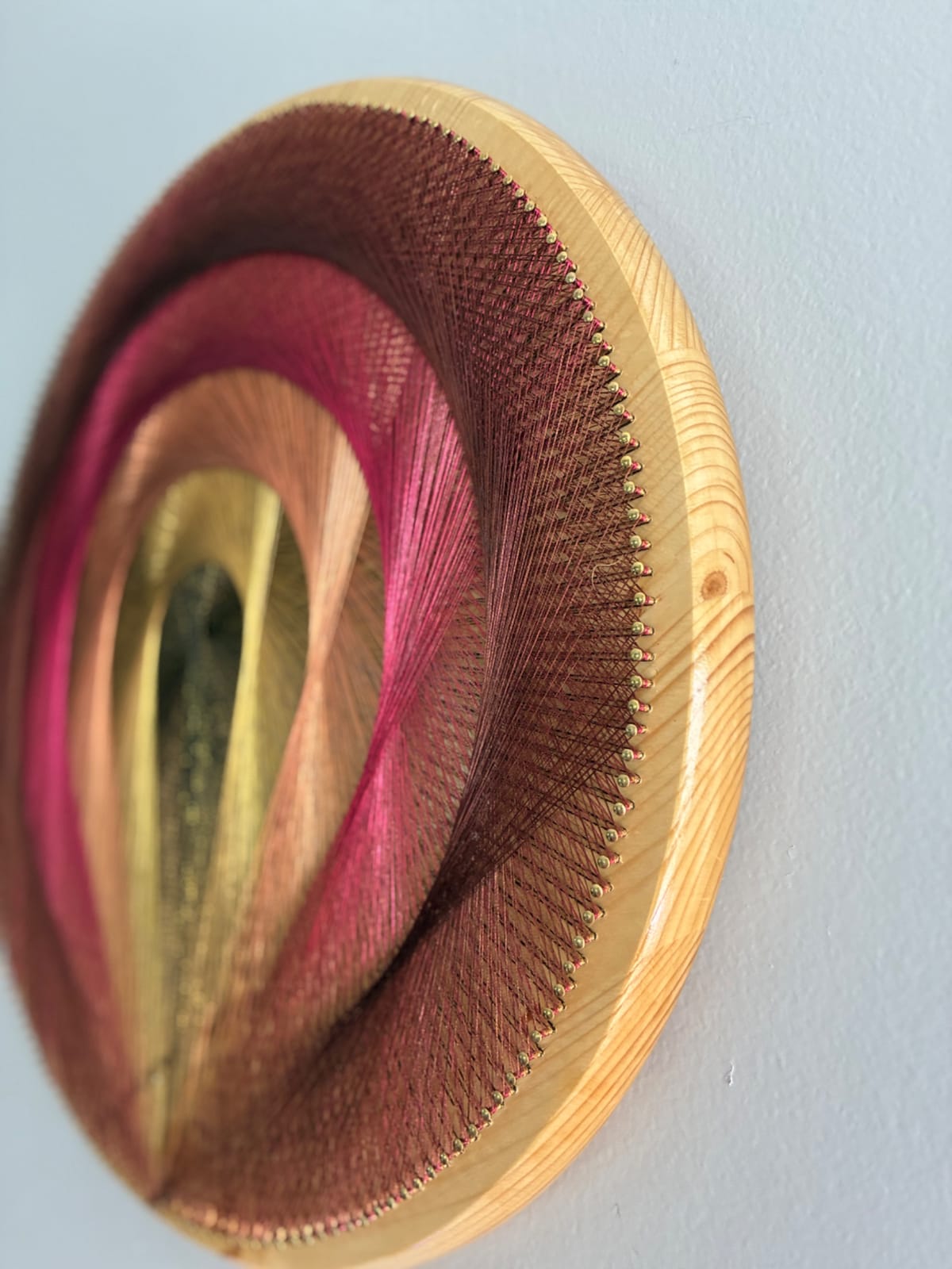 Red Gold Teardrop Spiral String Art on Natural Wood – Handmade Earthy Geometric Wall Art, detail view 5 — handmade string art by Asja