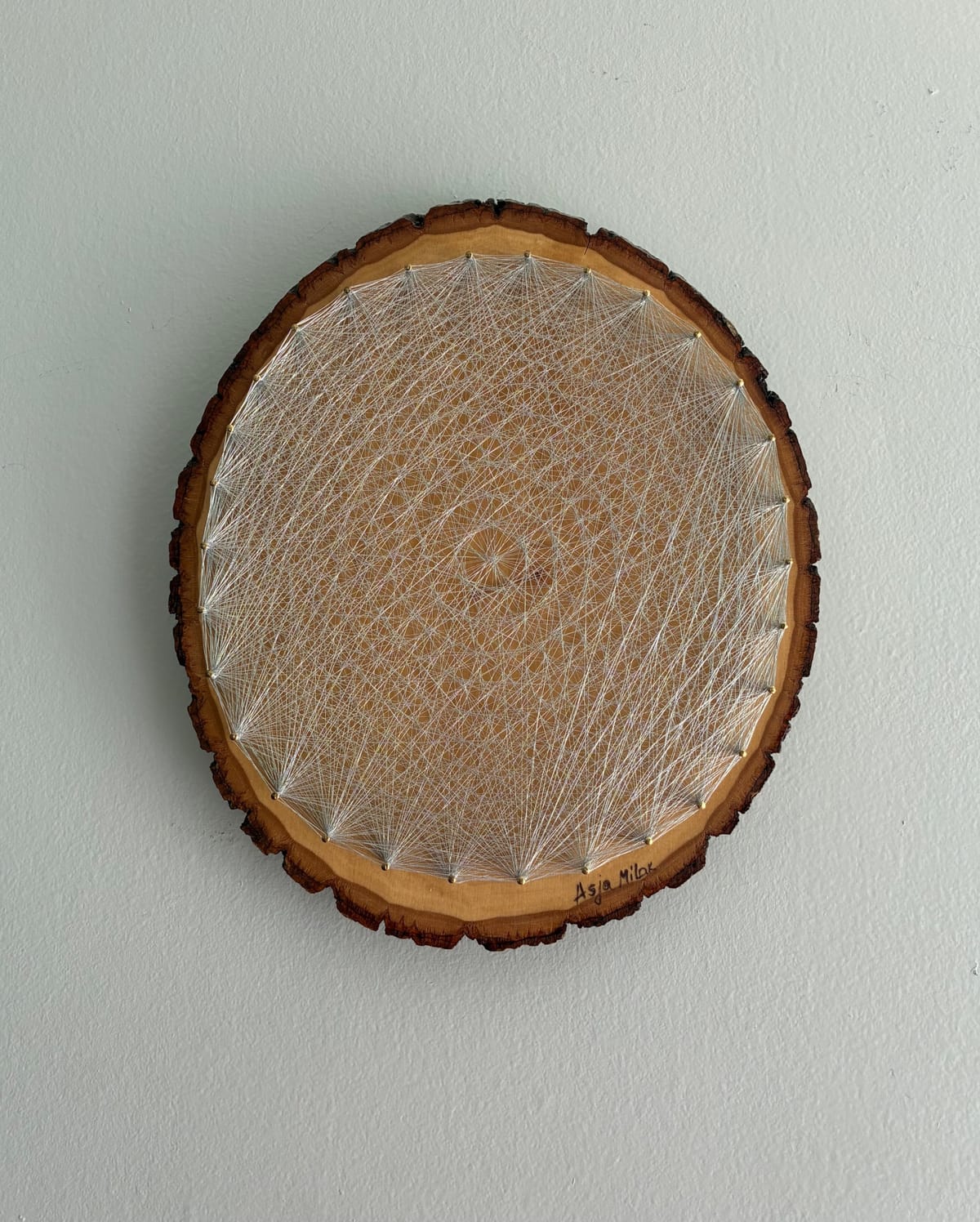 Silver Spiral String Art - Handmade Live-Edge Geometric Wall Art, detail view 2 — handmade string art by Asja