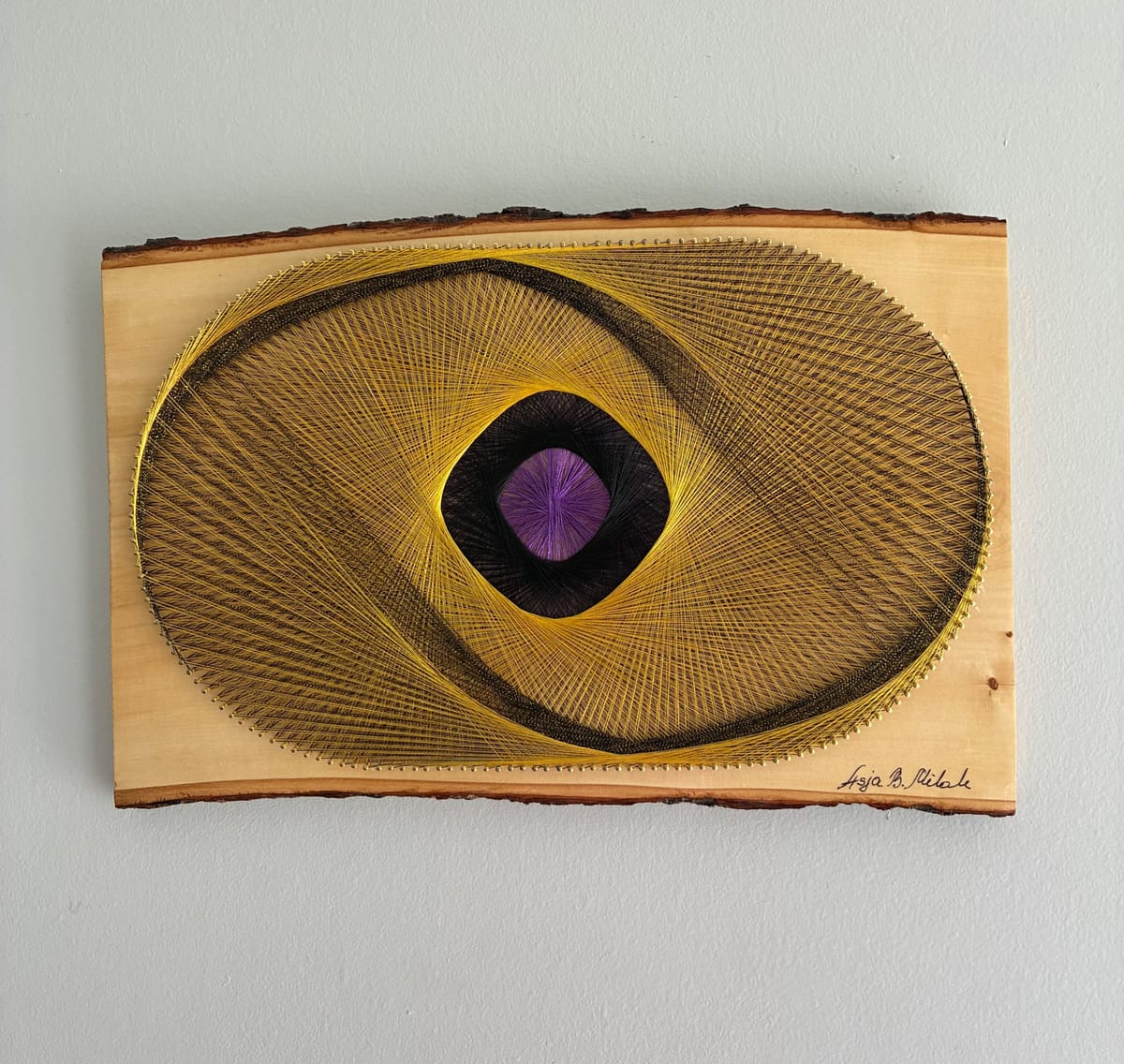 Violet Orbit String Art - Gold, Black & Purple Live-Edge Design, detail view 2 — handmade string art by Asja