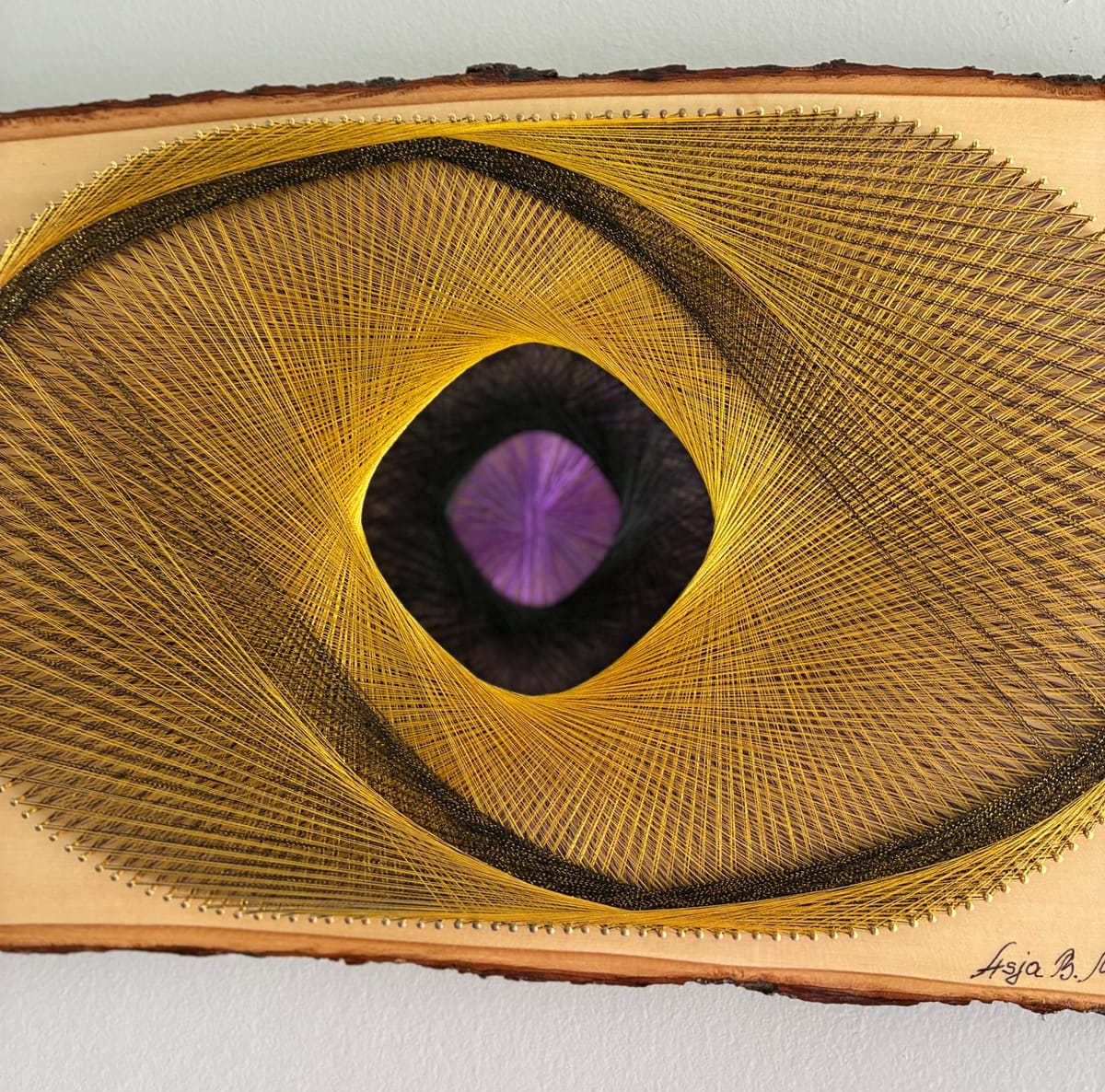 Violet Orbit String Art - Gold, Black & Purple Live-Edge Design, detail view 3 — handmade string art by Asja