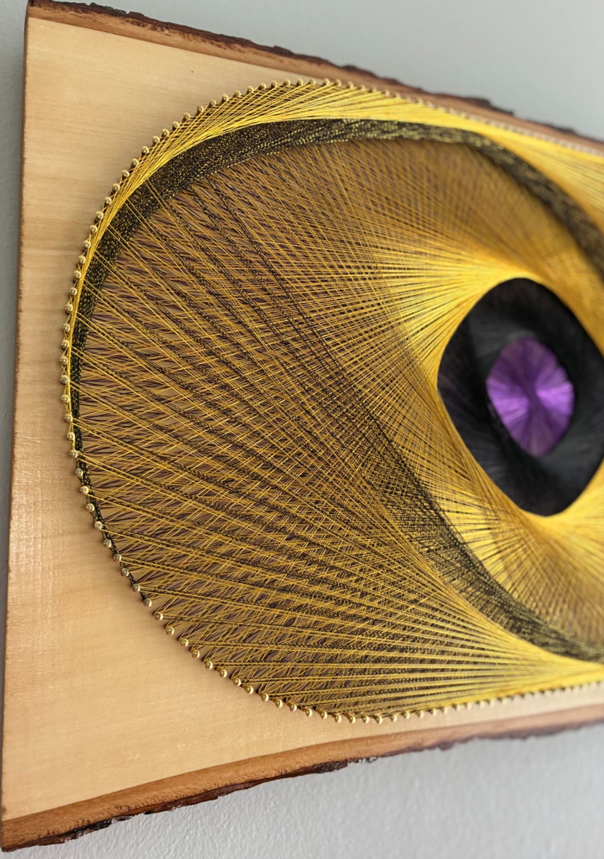 Violet Orbit String Art - Gold, Black & Purple Live-Edge Design, detail view 4 — handmade string art by Asja